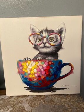 Nerdy Kitten in Colorful Teacup Canvas Art